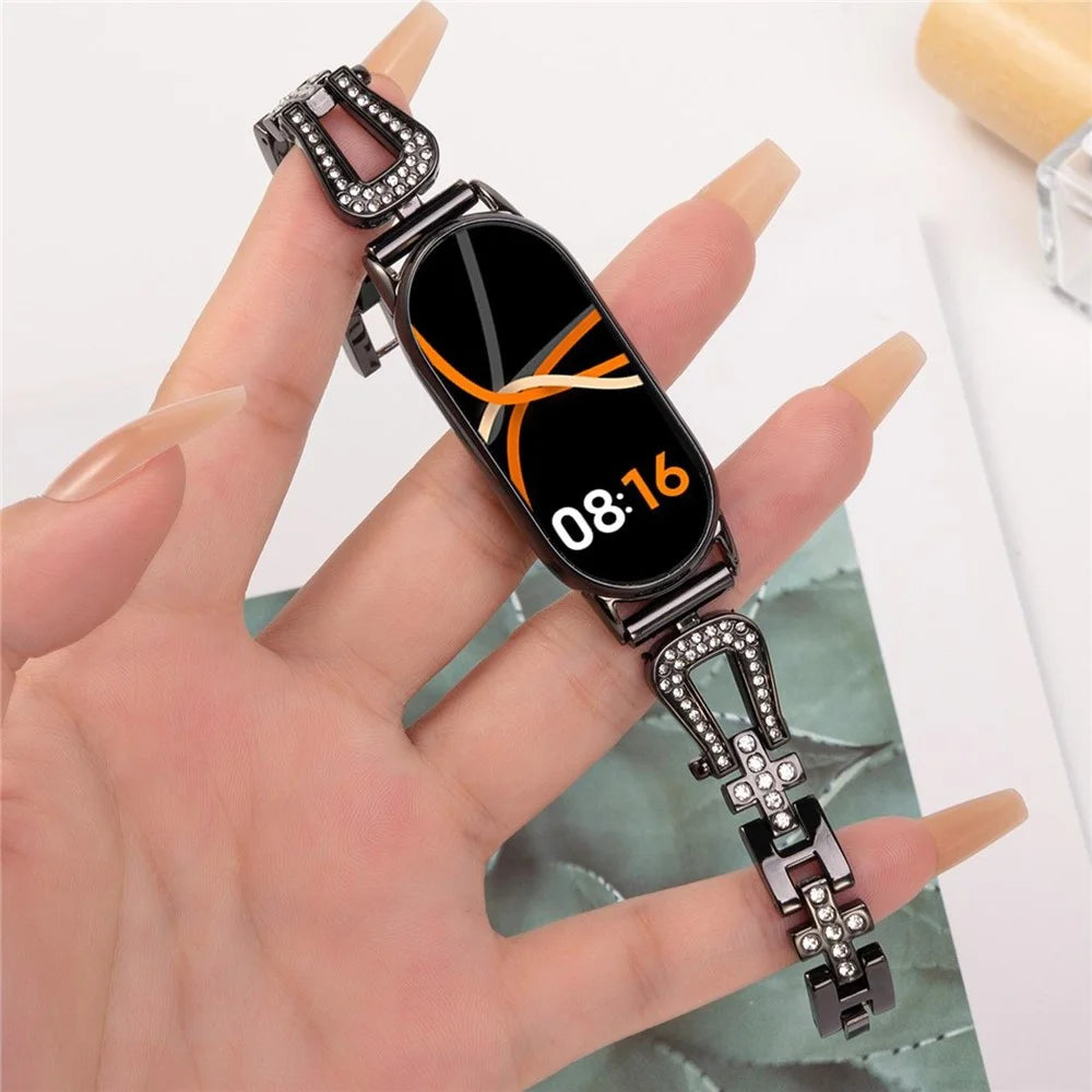 Metal Watch Strap for Xiaomi Smart Band 9 NFC / 9 / 8 U-Shaped Rhinestone Wrist Band - Black - 3
