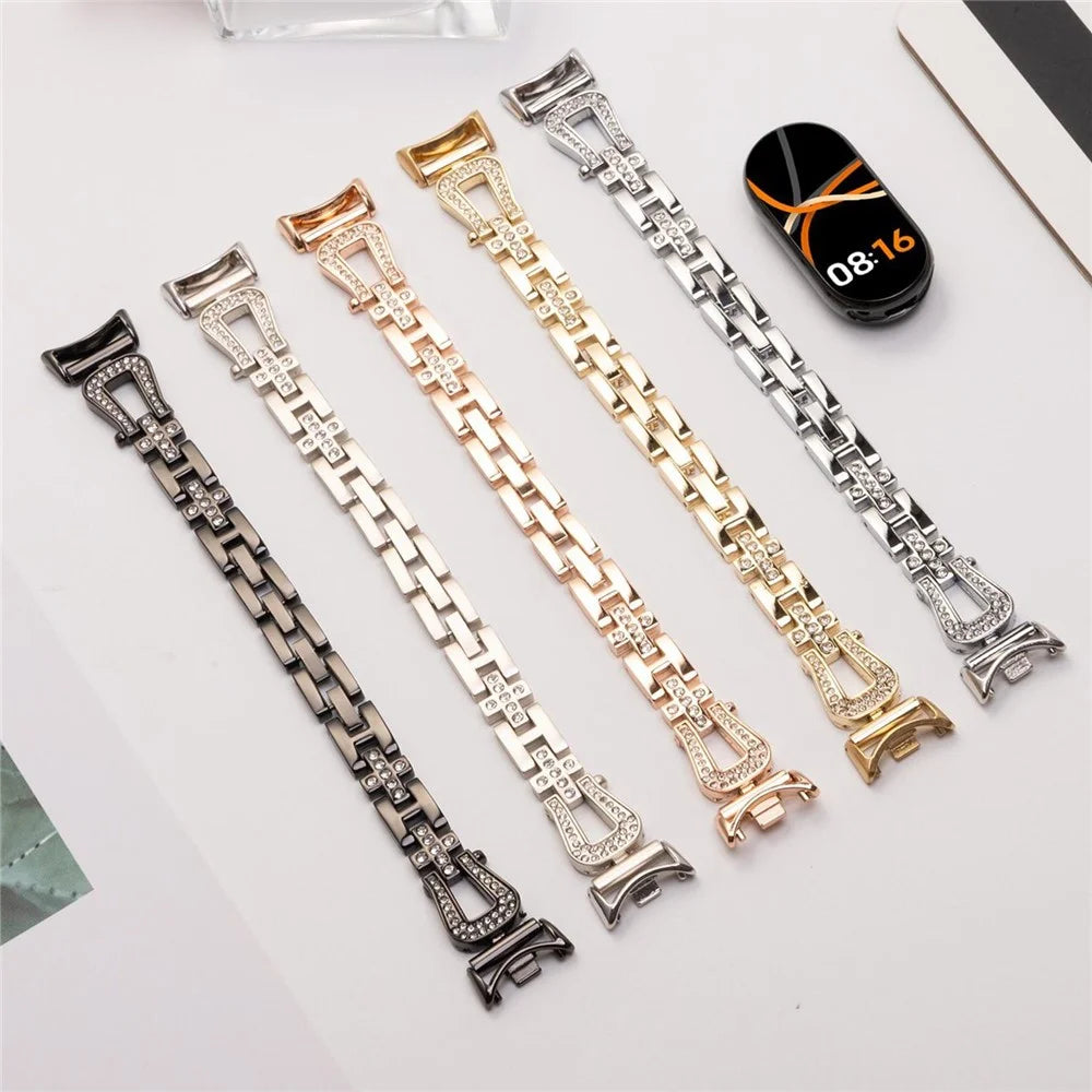 Metal Watch Strap for Xiaomi Smart Band 9 NFC / 9 / 8 U-Shaped Rhinestone Wrist Band - Black - 6