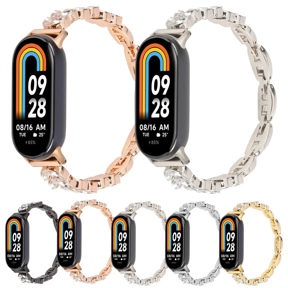 Metal Watch Strap For Xiaomi Smart Band 9 NFC  /  9  /  8 Wheat-Shaped Rhinestone Adjustable Wrist Band Replacement Bracelet - Gold - 3