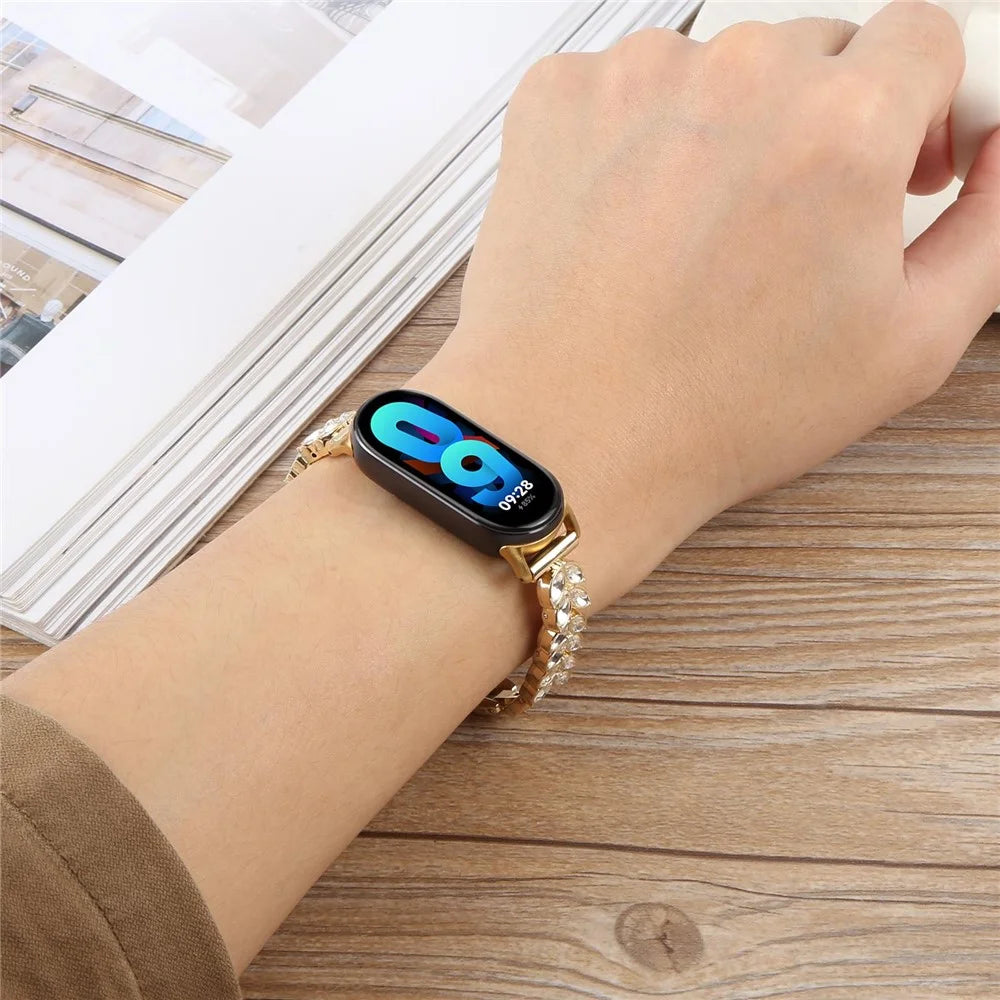 Metal Watch Strap For Xiaomi Smart Band 9 NFC  /  9  /  8 Wheat-Shaped Rhinestone Adjustable Wrist Band Replacement Bracelet - Gold - 4