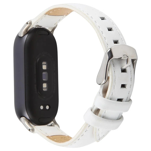 Genuine Cow Leather Watch Strap for Xiaomi Smart Band 9 NFC / 9 / 8 Wrist Band with Silver Metal Connector - White - 1
