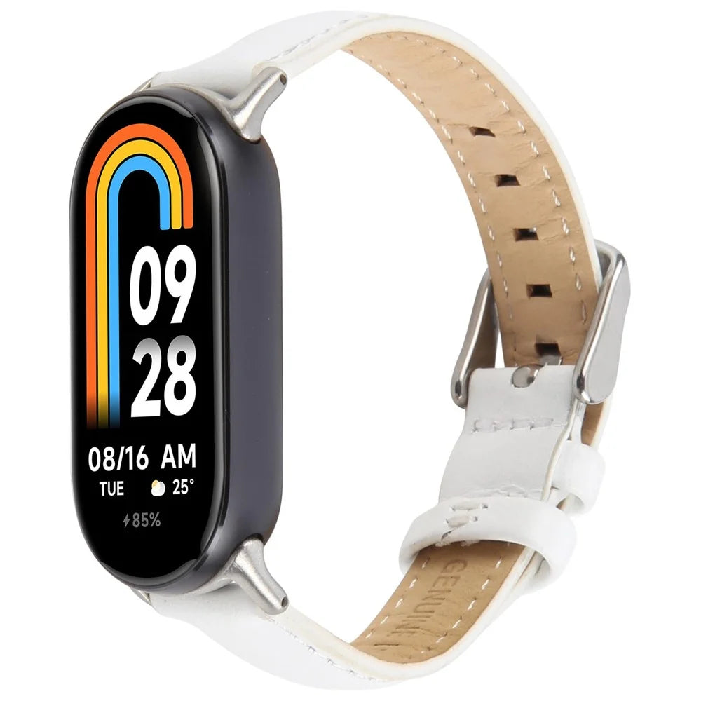 Genuine Cow Leather Watch Strap for Xiaomi Smart Band 9 NFC / 9 / 8 Wrist Band with Silver Metal Connector - White - 2