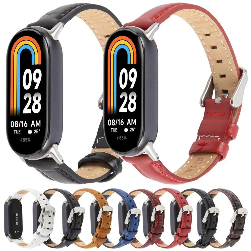 Genuine Cow Leather Watch Strap for Xiaomi Smart Band 9 NFC / 9 / 8 Wrist Band with Silver Metal Connector - White - 3