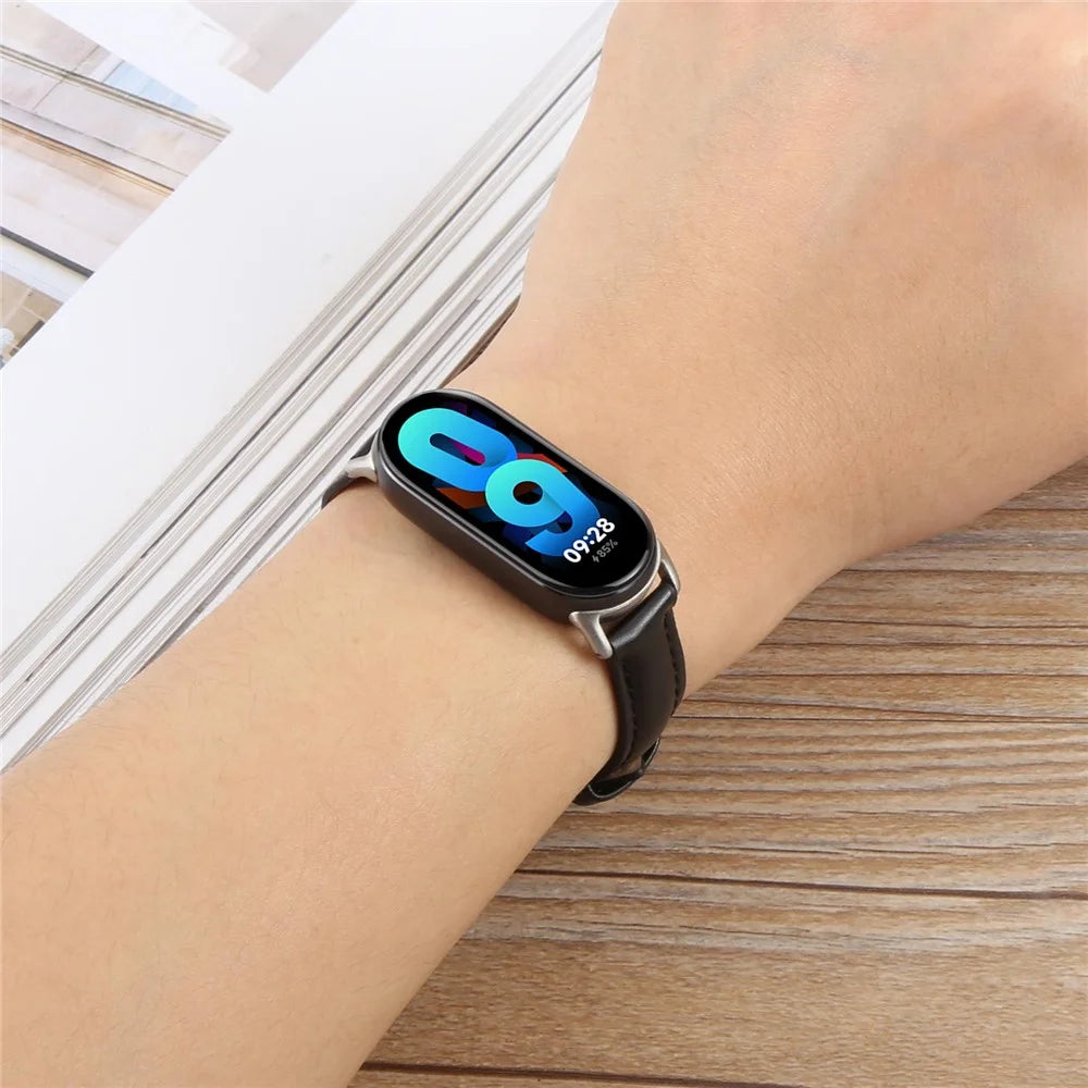 Genuine Cow Leather Watch Strap for Xiaomi Smart Band 9 NFC / 9 / 8 Wrist Band with Silver Metal Connector - White - 4