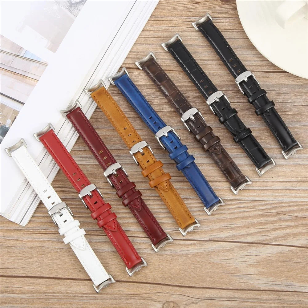 Genuine Cow Leather Watch Strap for Xiaomi Smart Band 9 NFC / 9 / 8 Wrist Band with Silver Metal Connector - White - 5