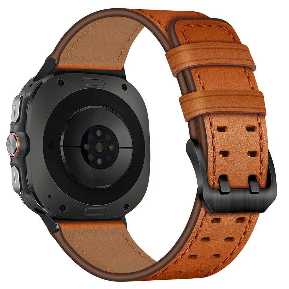For Samsung Galaxy Watch Ultra2 47mm / Watch Ultra (2025) 47mm / Watch Ultra 47mm Watch Band Double Buckle Genuine Cow Leather Strap - Orange - 1