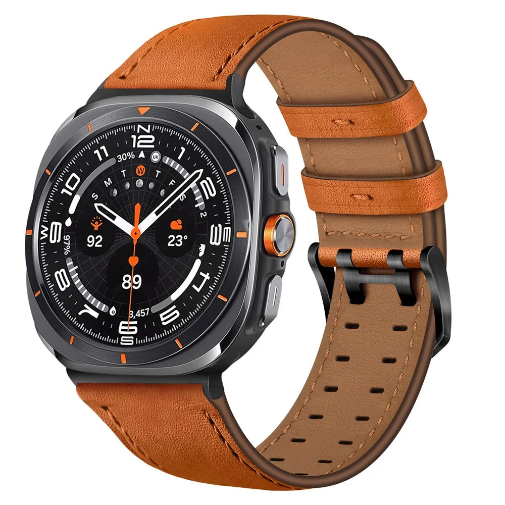 For Samsung Galaxy Watch Ultra2 47mm / Watch Ultra (2025) 47mm / Watch Ultra 47mm Watch Band Double Buckle Genuine Cow Leather Strap - Orange - 2