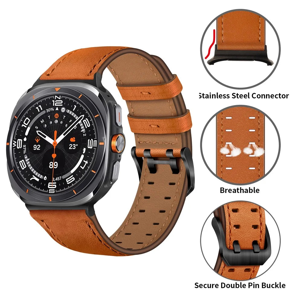 For Samsung Galaxy Watch Ultra2 47mm / Watch Ultra (2025) 47mm / Watch Ultra 47mm Watch Band Double Buckle Genuine Cow Leather Strap - Orange - 3