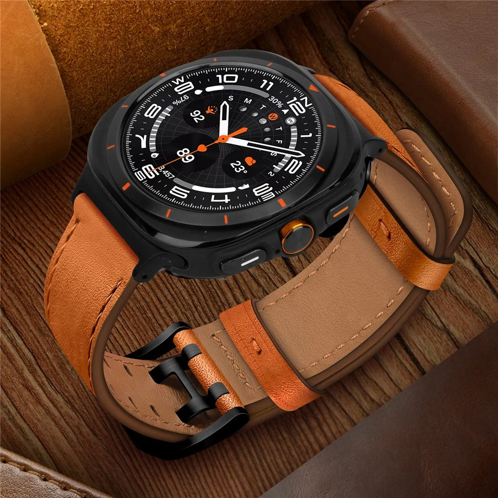For Samsung Galaxy Watch Ultra2 47mm / Watch Ultra (2025) 47mm / Watch Ultra 47mm Watch Band Double Buckle Genuine Cow Leather Strap - Orange - 5