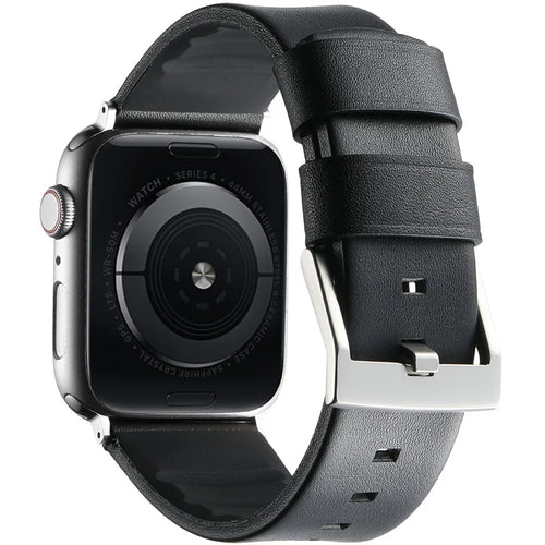 Watch Strap for Apple Watch Ultra 3 2 1 49mm / Series 11 10 46mm / 9 8 7 45mm / SE3 SE2 SE 6 5 4 44mm / 3 2 1 42mm Genuine Cow Leather Silicone Band - Black  /  Silver Buckle - 1
