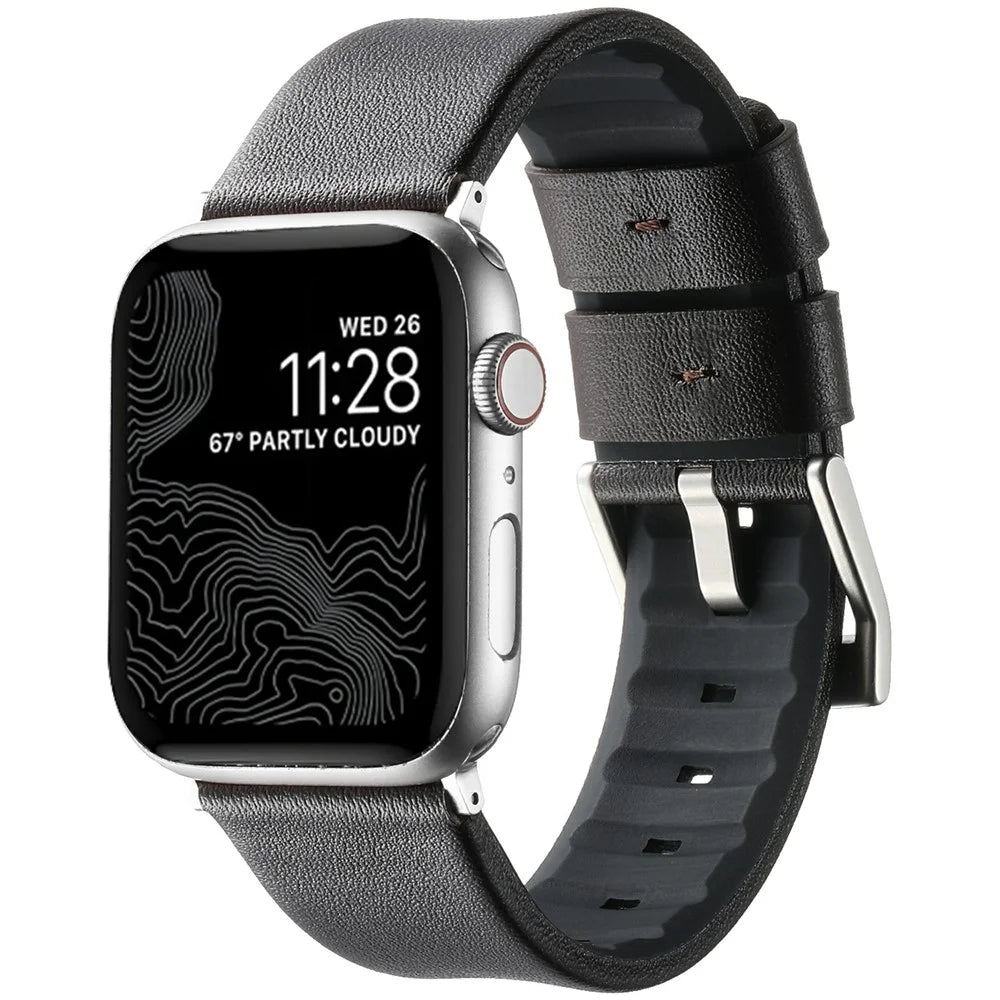 Watch Strap for Apple Watch Ultra 3 2 1 49mm / Series 11 10 46mm / 9 8 7 45mm / SE3 SE2 SE 6 5 4 44mm / 3 2 1 42mm Genuine Cow Leather Silicone Band - Black  /  Silver Buckle - 2