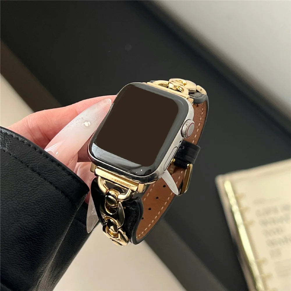 Watch Strap For Apple Watch Series 11 10 42mm / 9 8 7 41mm / SE3 SE2 SE 6 5 4 40mm / 3 2 1 38mm D-Shaped Metal Ring Leather Band - Black  /  Gold - 2
