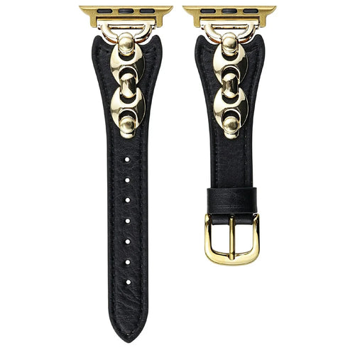 Watch Strap For Apple Watch Ultra 3 2 1 49mm / Series 11 10 46mm / 9 8 7 45mm / SE3 SE2 SE 6 5 4 44mm / 3 2 1 42mm D-Shaped Metal Ring Leather Band - Black  /  Gold - 1