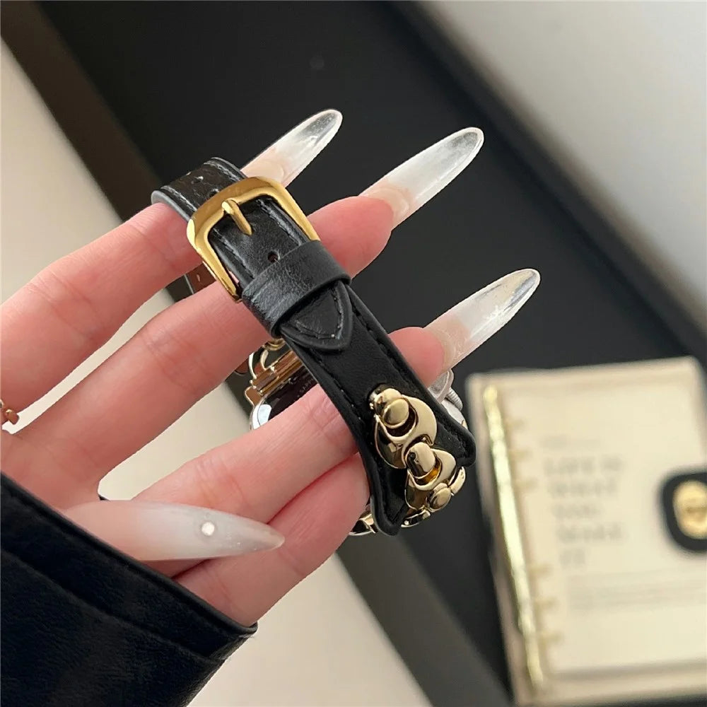 Watch Strap For Apple Watch Ultra 3 2 1 49mm / Series 11 10 46mm / 9 8 7 45mm / SE3 SE2 SE 6 5 4 44mm / 3 2 1 42mm D-Shaped Metal Ring Leather Band - Black  /  Gold - 3