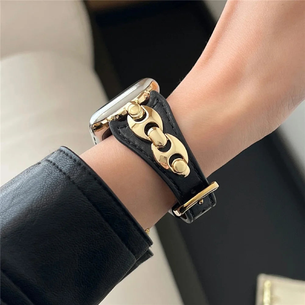 Watch Strap For Apple Watch Ultra 3 2 1 49mm / Series 11 10 46mm / 9 8 7 45mm / SE3 SE2 SE 6 5 4 44mm / 3 2 1 42mm D-Shaped Metal Ring Leather Band - Black  /  Gold - 4