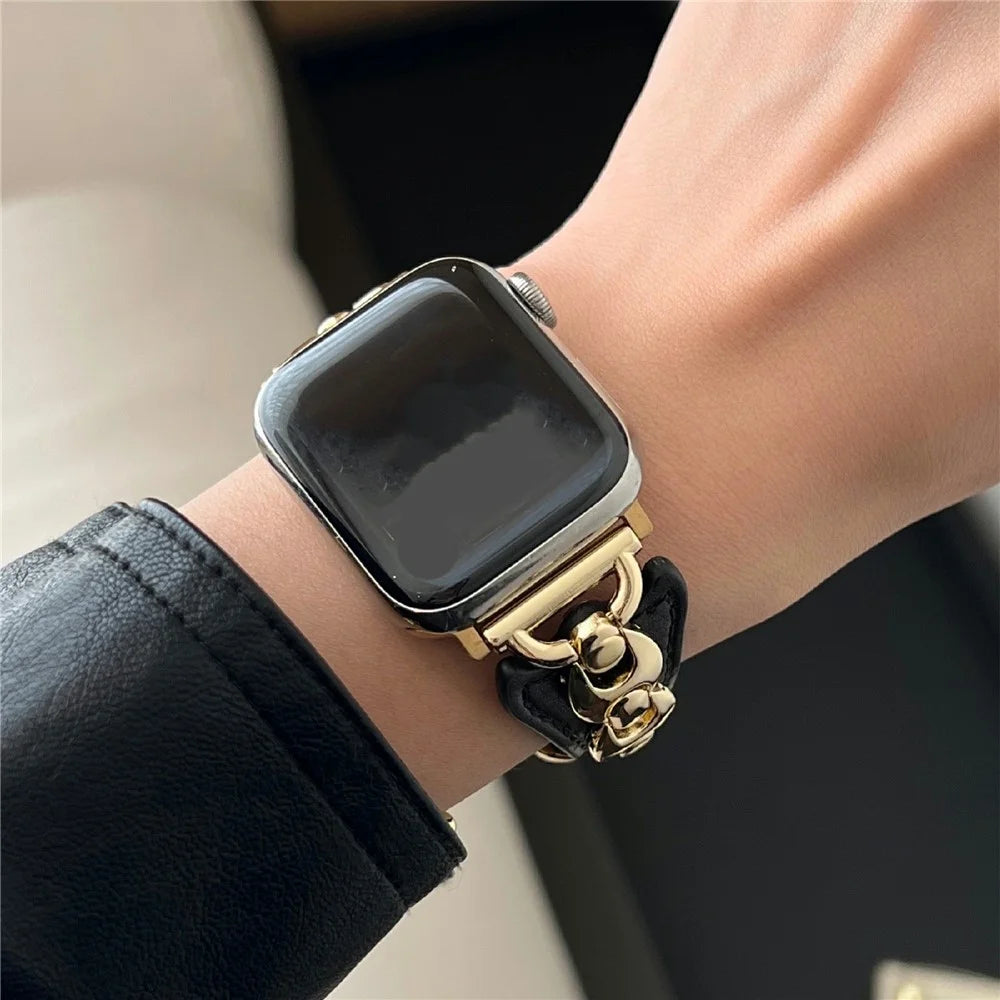 Watch Strap For Apple Watch Ultra 3 2 1 49mm / Series 11 10 46mm / 9 8 7 45mm / SE3 SE2 SE 6 5 4 44mm / 3 2 1 42mm D-Shaped Metal Ring Leather Band - Black  /  Gold - 5