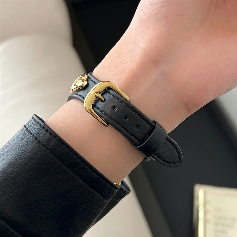 Watch Strap For Apple Watch Ultra 3 2 1 49mm / Series 11 10 46mm / 9 8 7 45mm / SE3 SE2 SE 6 5 4 44mm / 3 2 1 42mm D-Shaped Metal Ring Leather Band - Black  /  Gold - 6