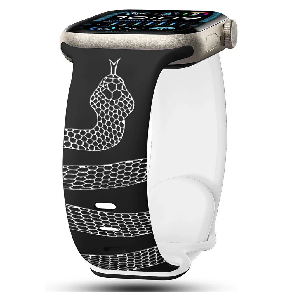 Silicone Band for Apple Watch Series 11 10 42mm / 9 8 7 41mm / SE3 SE2 SE 6 5 4 40mm / 3 2 1 38mm Dual Color Snake Pattern Engraved Watch Strap - Black / White - 2