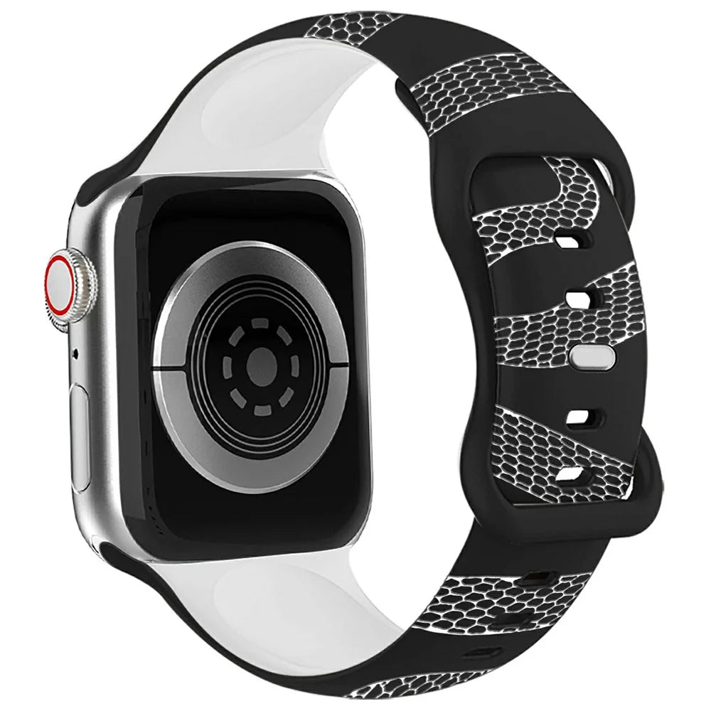 Silicone Band for Apple Watch Series 11 10 42mm / 9 8 7 41mm / SE3 SE2 SE 6 5 4 40mm / 3 2 1 38mm Dual Color Snake Pattern Engraved Watch Strap - Black / White - 3