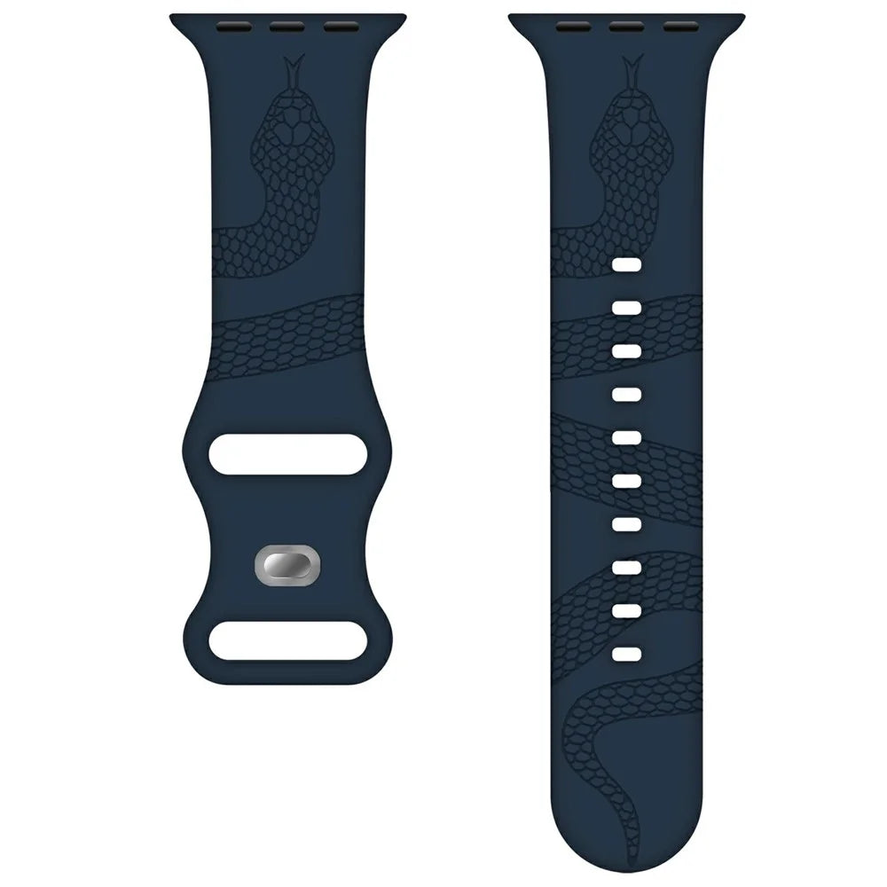 Silicone Strap for Apple Watch Series 11 10 42mm / 9 8 7 41mm / SE3 SE2 SE 6 5 4 40mm / 3 2 1 38mm Butterfly Clasp Watchband Snake Pattern Engraved - Dark Blue - 1