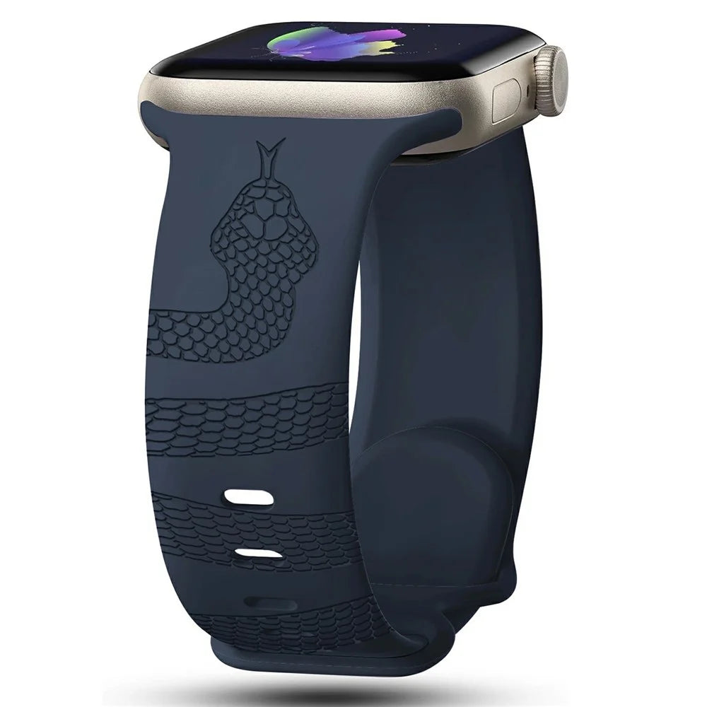 Silicone Strap for Apple Watch Series 11 10 42mm / 9 8 7 41mm / SE3 SE2 SE 6 5 4 40mm / 3 2 1 38mm Butterfly Clasp Watchband Snake Pattern Engraved - Dark Blue - 2