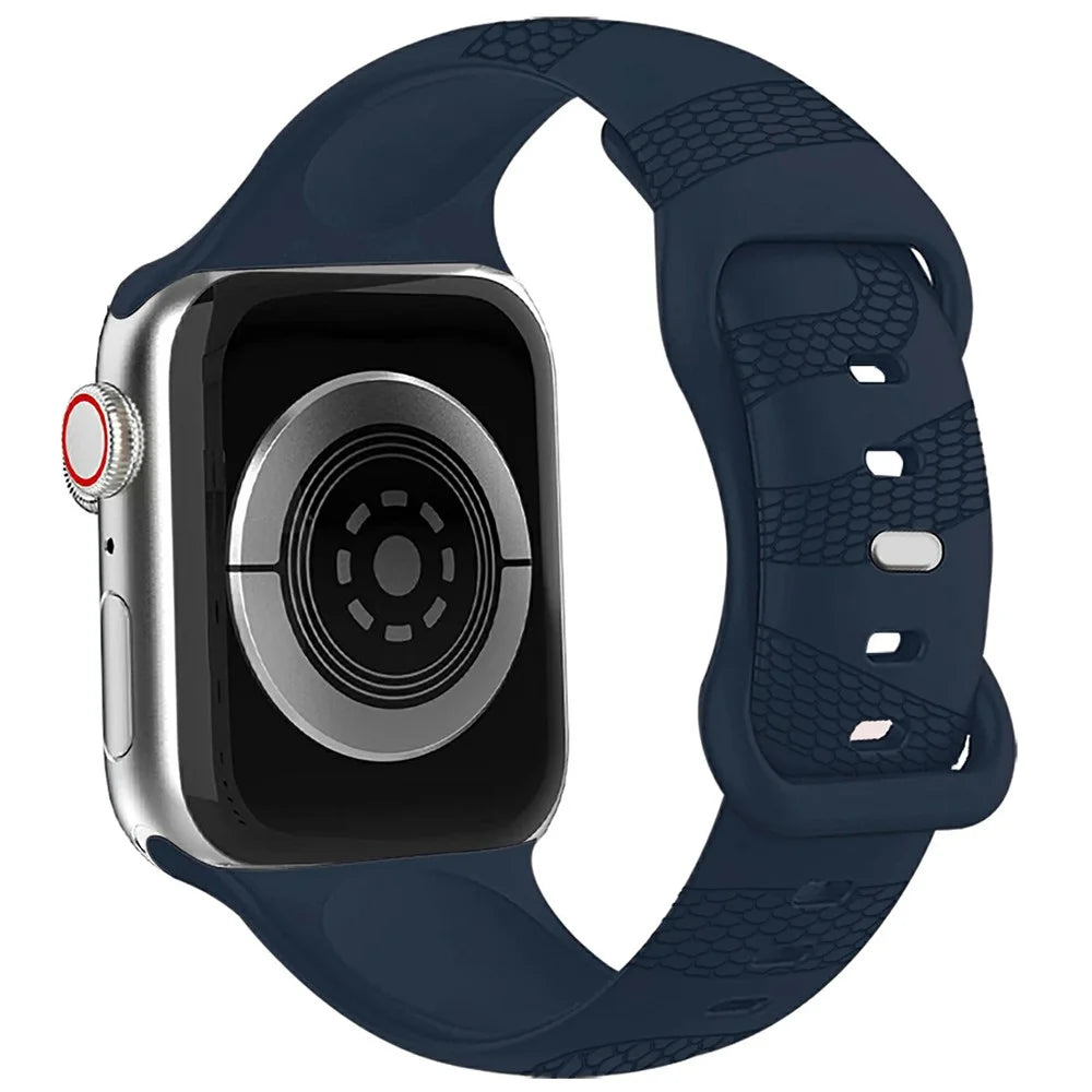 Silicone Strap for Apple Watch Series 11 10 42mm / 9 8 7 41mm / SE3 SE2 SE 6 5 4 40mm / 3 2 1 38mm Butterfly Clasp Watchband Snake Pattern Engraved - Dark Blue - 3