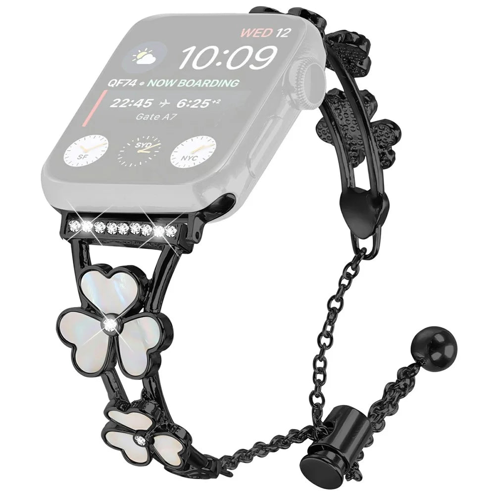 Watchband For Apple Watch Ultra 3 2 1 49mm / Series 11 10 46mm / 9 8 7 45mm / SE3 SE2 SE 6 5 4 44mm / 3 2 1 42mm Heart Clover Zinc Alloy Metal Strap - Black - 1