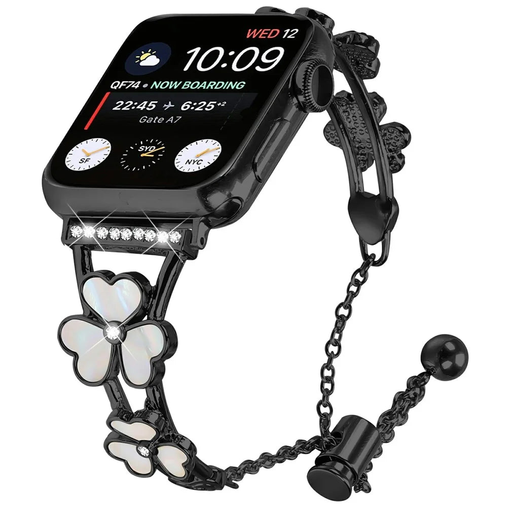 Watchband For Apple Watch Ultra 3 2 1 49mm / Series 11 10 46mm / 9 8 7 45mm / SE3 SE2 SE 6 5 4 44mm / 3 2 1 42mm Heart Clover Zinc Alloy Metal Strap - Black - 2
