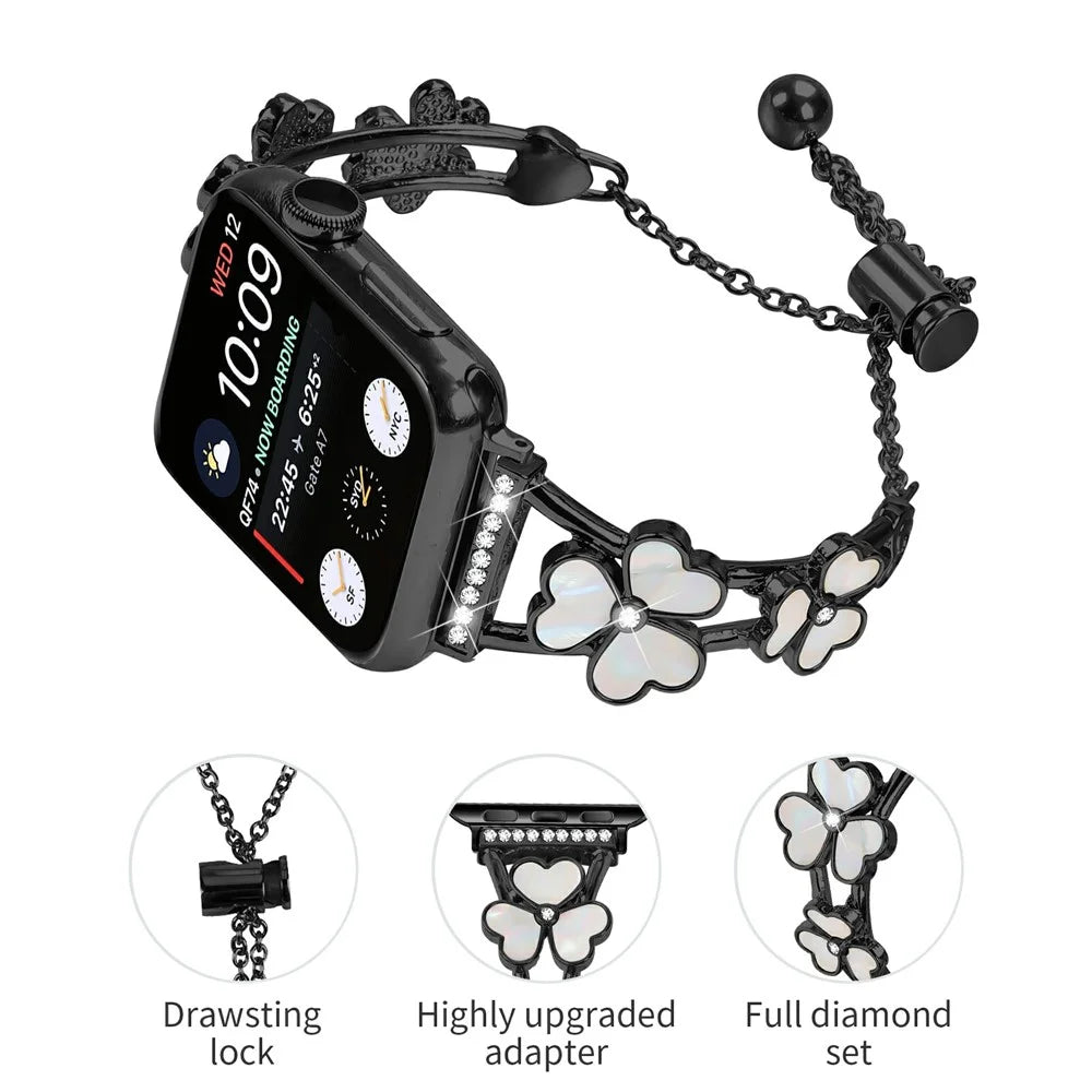 Watchband For Apple Watch Ultra 3 2 1 49mm / Series 11 10 46mm / 9 8 7 45mm / SE3 SE2 SE 6 5 4 44mm / 3 2 1 42mm Heart Clover Zinc Alloy Metal Strap - Black - 3