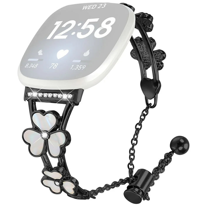 For Fitbit Versa 3 / Sense Watchband Heart Clover Decor Zinc Alloy Metal Strap - Black - 1