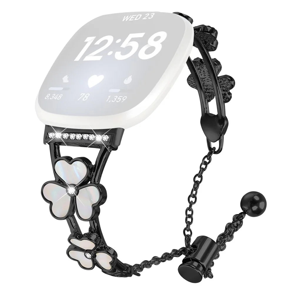 For Fitbit Versa 4 / Sense 2 Watchband Heart Clover Decor Zinc Alloy Metal Strap - Black - 1