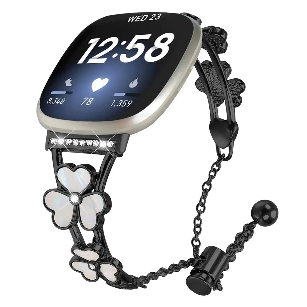 For Fitbit Versa 4 / Sense 2 Watchband Heart Clover Decor Zinc Alloy Metal Strap - Black - 2