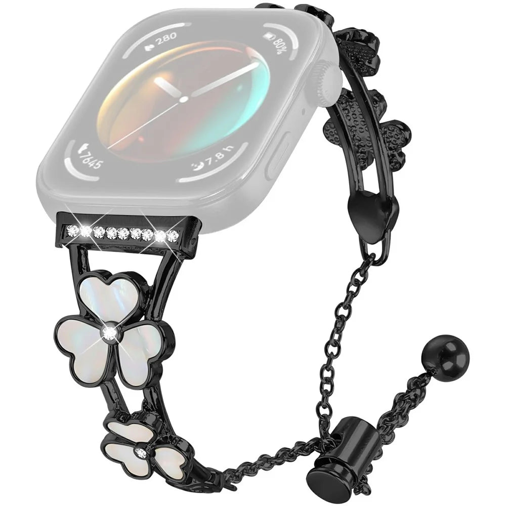 For Huawei Watch Fit 3 Watchband Heart Clover Decor Zinc Alloy Metal Strap - Black - 1