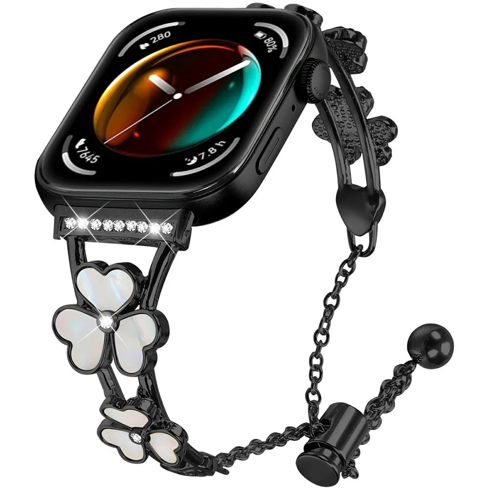 For Huawei Watch Fit 3 Watchband Heart Clover Decor Zinc Alloy Metal Strap - Black - 2