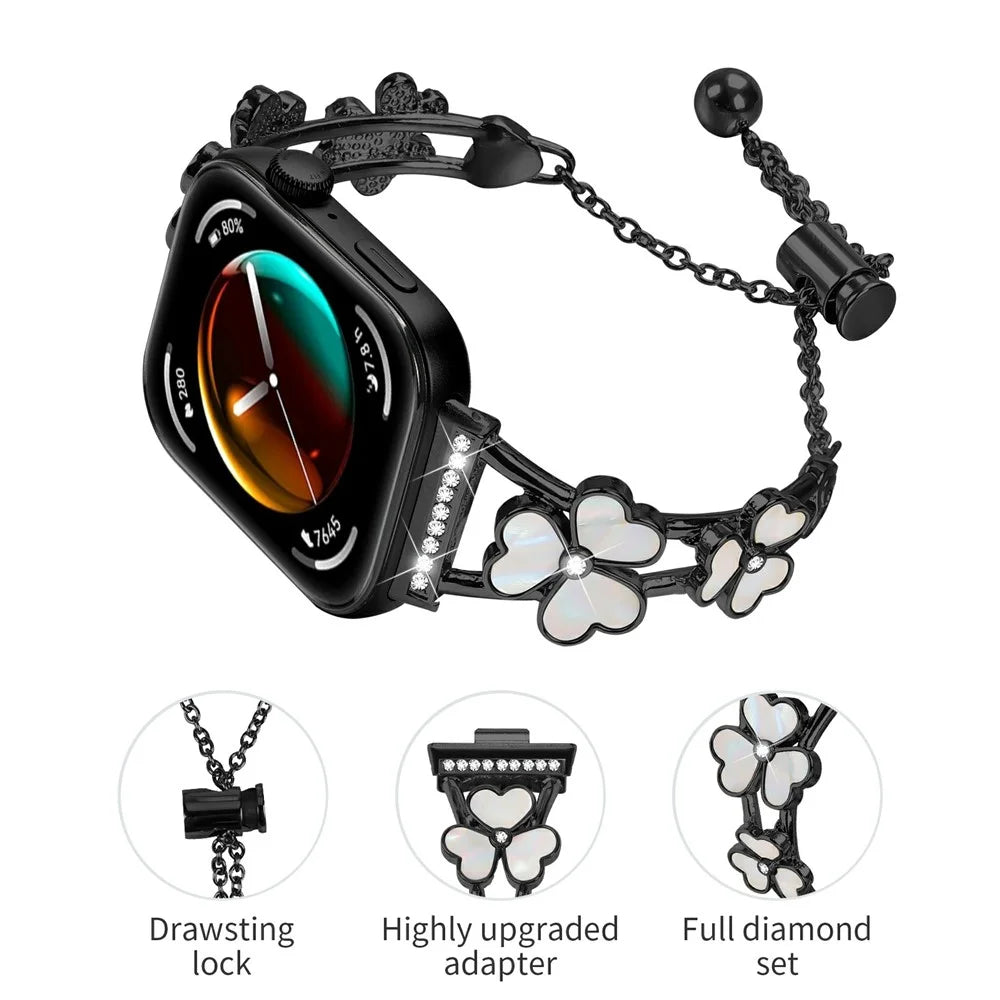 For Huawei Watch Fit 3 Watchband Heart Clover Decor Zinc Alloy Metal Strap - Black - 3