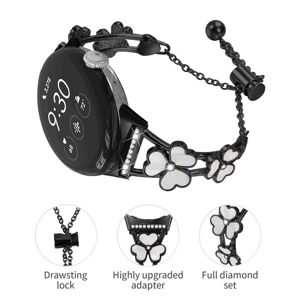 For Google Pixel Watch 4 41mm / Watch 3 41mm / Watch 2 / Watch Heart Clover Decor Watchband Zinc Alloy Metal Strap - Black - 3