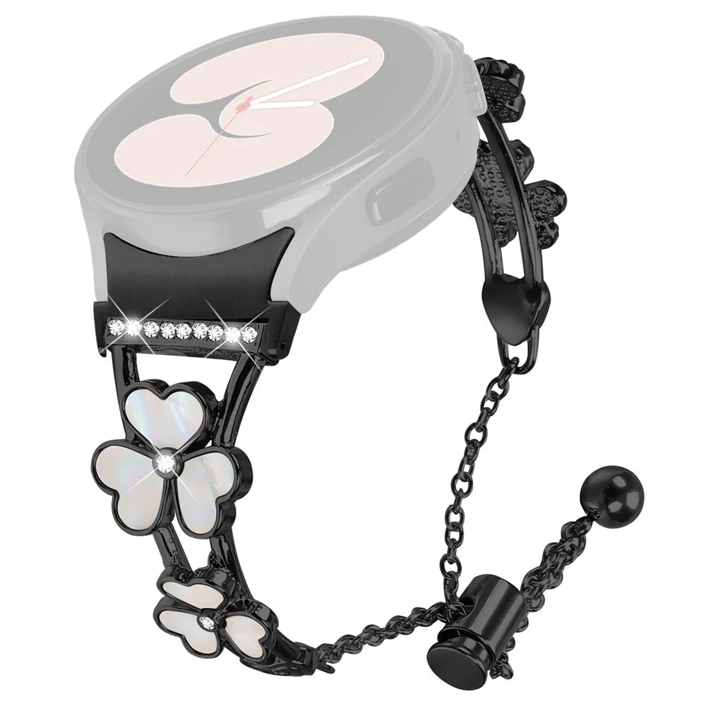 Watch Band with Connector for Samsung Galaxy Watch7 40mm 44mm Heart Clover Decor Zinc Alloy Strap - Black - 1