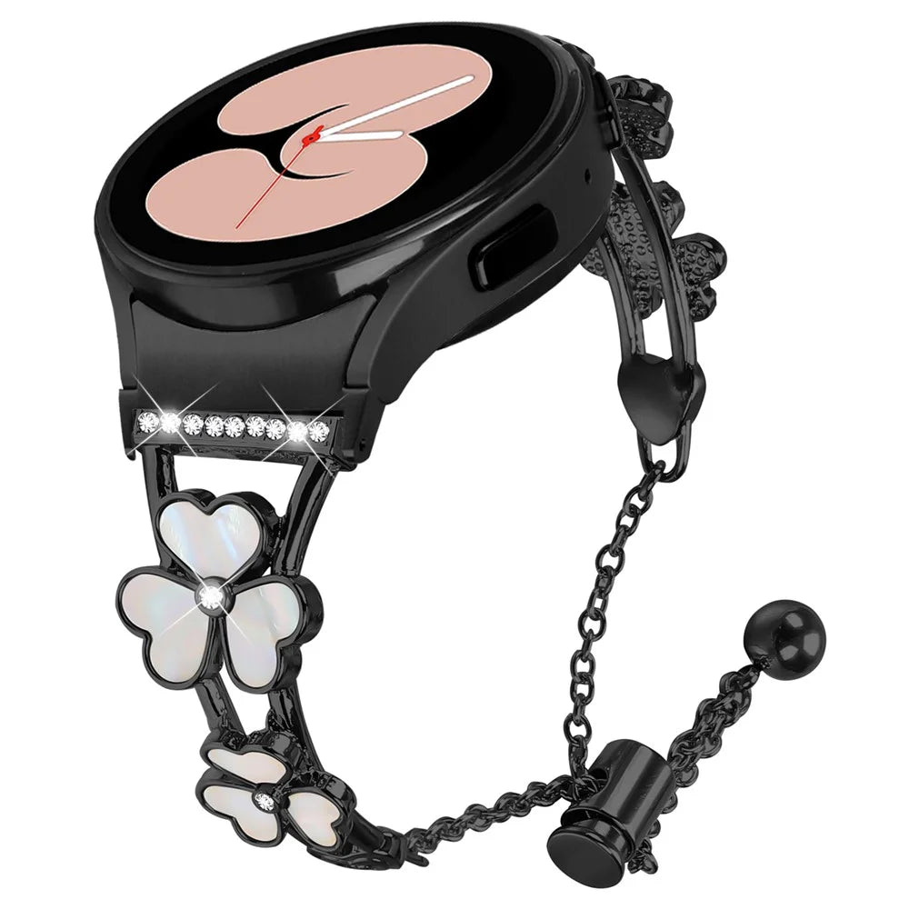 Watch Band with Connector for Samsung Galaxy Watch7 40mm 44mm Heart Clover Decor Zinc Alloy Strap - Black - 2