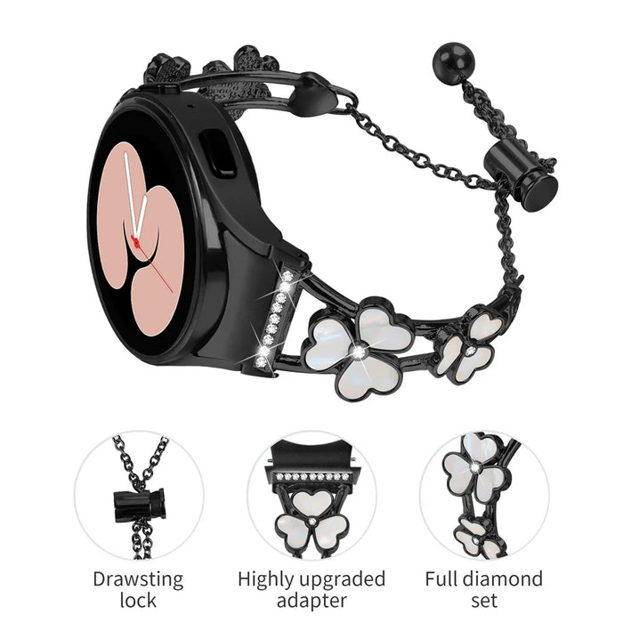 Watch Band with Connector for Samsung Galaxy Watch7 40mm 44mm Heart Clover Decor Zinc Alloy Strap - Black - 3