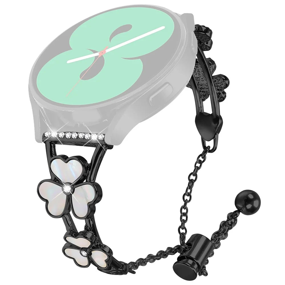 For Samsung Galaxy Watch4 Classic 42mm 46mm Watchband Heart Clover Decor Zinc Alloy Metal Strap - Black - 1