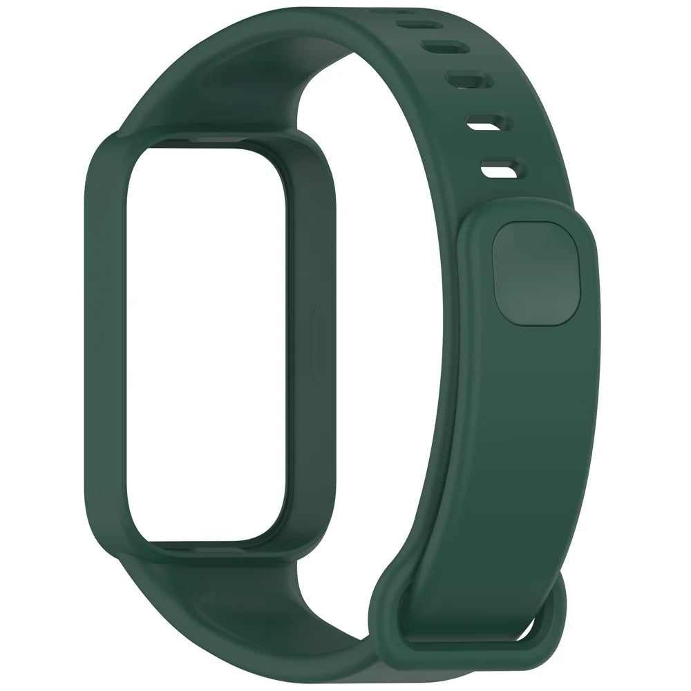 Silicone Band with Case for Xiaomi Smart Band 9 Active / Redmi Band 3 Smartwatch Replacement Strap - Midnight Green - 1