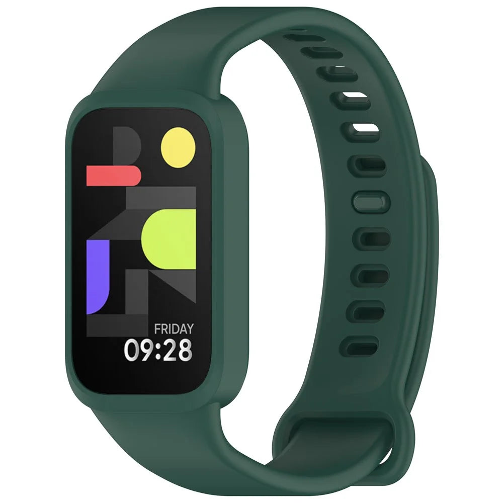 Silicone Band with Case for Xiaomi Smart Band 9 Active / Redmi Band 3 Smartwatch Replacement Strap - Midnight Green - 4