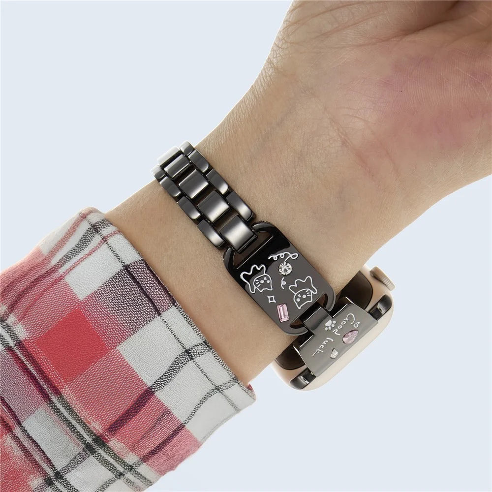 Metal Strap for Apple Watch Ultra 3 2 1 49mm / Series 11 10 46mm / 9 8 7 45mm / SE3 SE2 SE 6 5 4 44mm / 3 2 1 42mm Watch Band Cat Pattern - Black - 2