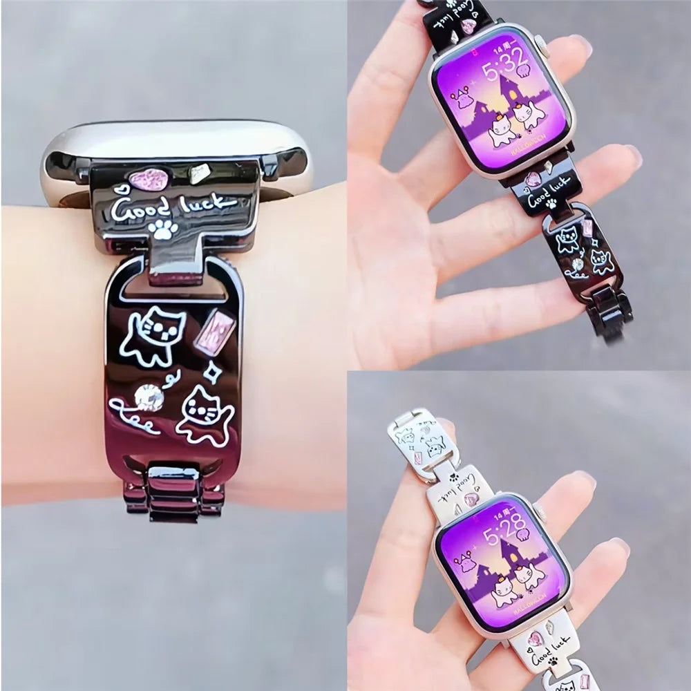 Metal Strap for Apple Watch Ultra 3 2 1 49mm / Series 11 10 46mm / 9 8 7 45mm / SE3 SE2 SE 6 5 4 44mm / 3 2 1 42mm Watch Band Cat Pattern - Black - 3