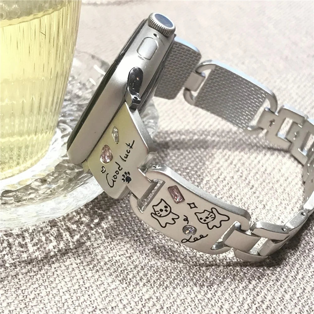 Metal Strap for Apple Watch Ultra 3 2 1 49mm / Series 11 10 46mm / 9 8 7 45mm / SE3 SE2 SE 6 5 4 44mm / 3 2 1 42mm Watch Band Cat Pattern - Black - 6