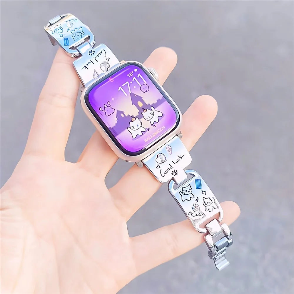 Metal Strap for Apple Watch Series 11 10 42mm / 9 8 7 41mm / SE3 SE2 SE 6 5 4 40mm / 3 2 1 38mm Watch Band Cat Pattern - Silver - 3