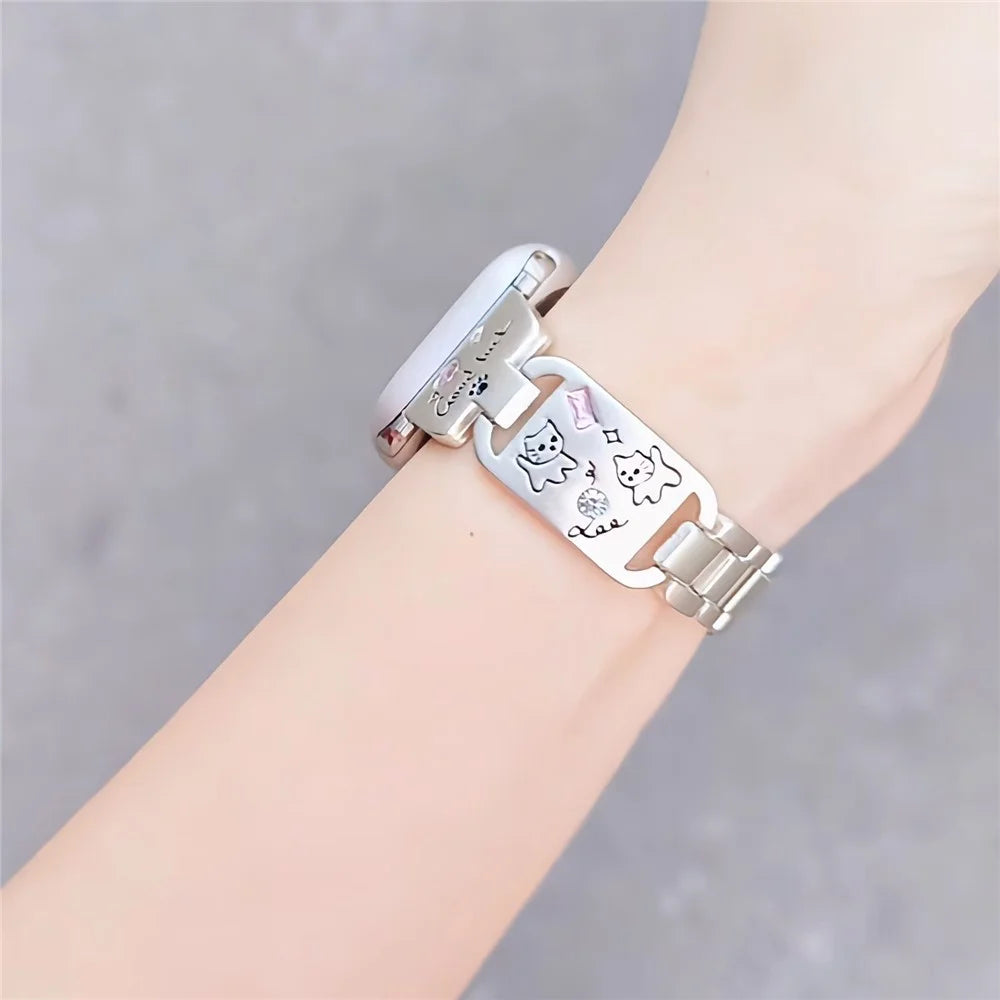 Metal Strap for Apple Watch Series 11 10 42mm / 9 8 7 41mm / SE3 SE2 SE 6 5 4 40mm / 3 2 1 38mm Watch Band Cat Pattern - Silver - 4