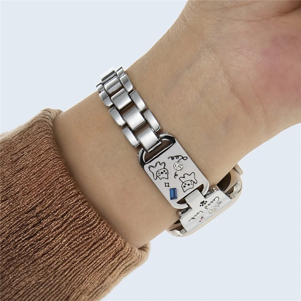 Metal Strap for Apple Watch Series 11 10 42mm / 9 8 7 41mm / SE3 SE2 SE 6 5 4 40mm / 3 2 1 38mm Watch Band Cat Pattern - Silver - 6
