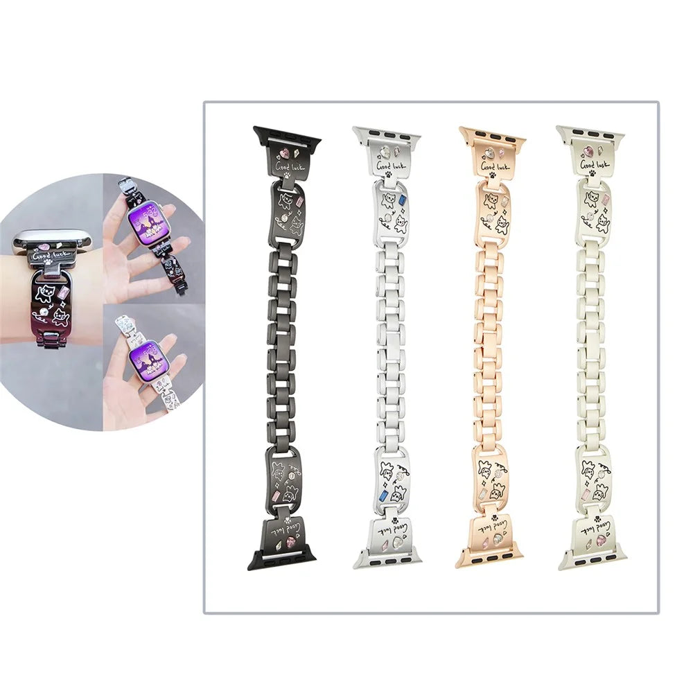 Metal Strap for Apple Watch Series 11 10 42mm / 9 8 7 41mm / SE3 SE2 SE 6 5 4 40mm / 3 2 1 38mm Watch Band Cat Pattern - Silver - 7