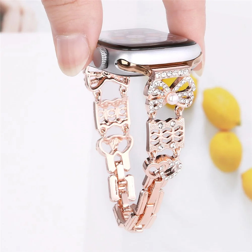 Metal Strap for Apple Watch Ultra 3 2 1 49mm / Series 11 10 46mm / 9 8 7 45mm / SE3 SE2 SE 6 5 4 44mm / 3 2 1 42mm Bowknot Decor Watch Band - Gold - 2